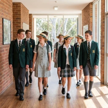 School group walking through a campus corridor