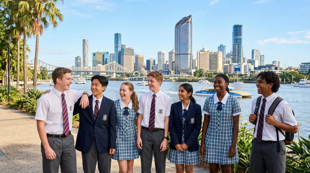 Group of School Students in Southank Brisbane with city in background.