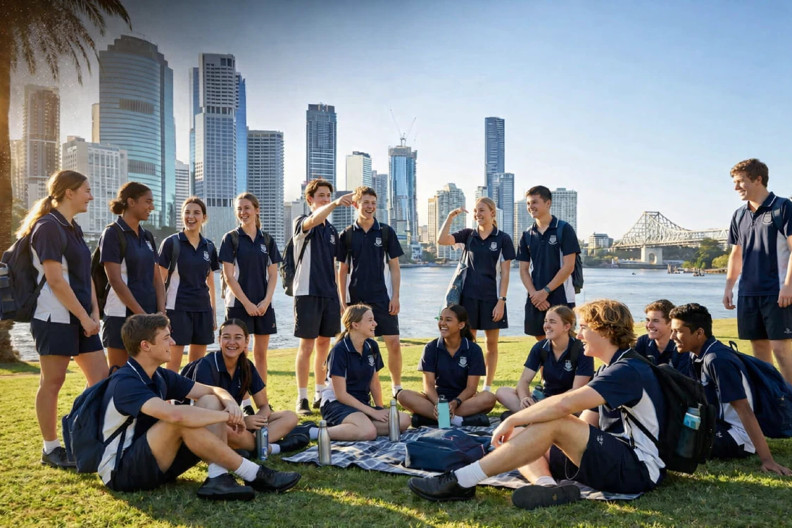 Students on the foreshore in Brisbane with the Brisbane CBD in the background