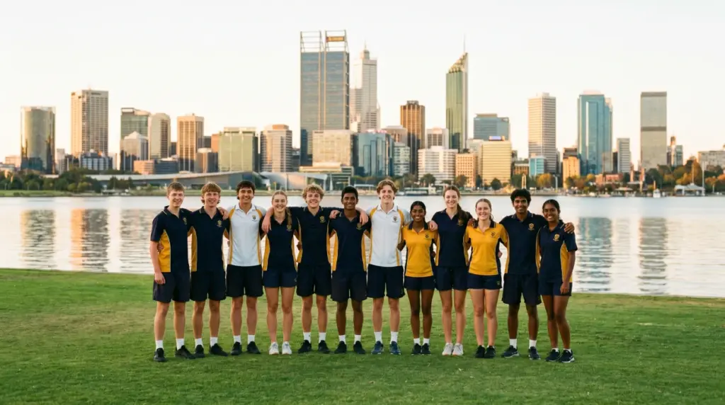 Perth city skyline representing group accommodation options for school groups and sports teams.