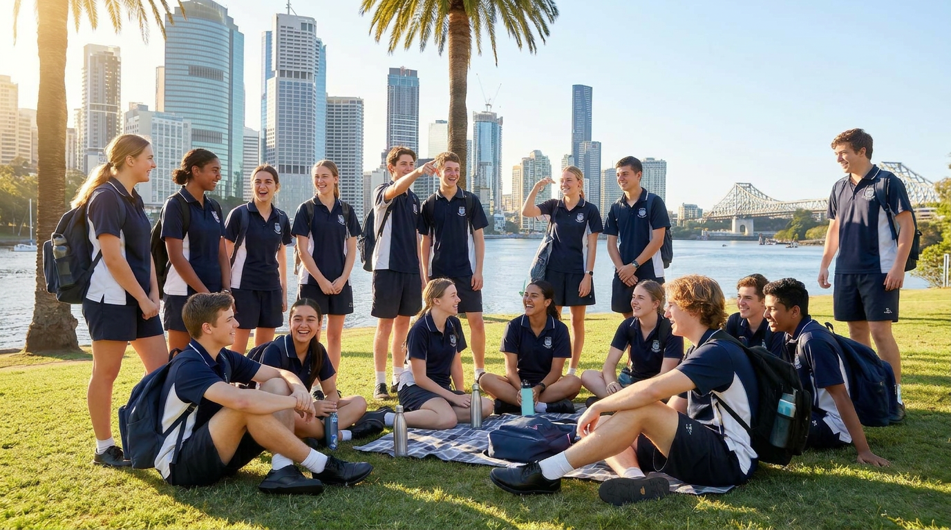 School group visiting Brisbane, representing safe and organised group accommodation options in the city.
